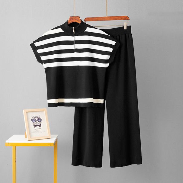 Women's Clothing Simple Fashion Suit Striped Zipper Knitted Top Fashion Slim Wide Leg Pants Two Piece Suit For Women_ecoleips.com