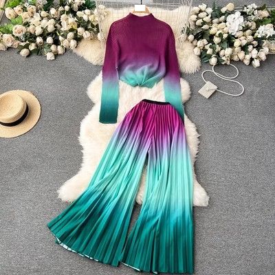 Women's Clothing Royal sister light luxury high end long sleeved pleated printed tops women's casual two piece set loose drape pleated wide leg pants_ecoleips.com