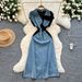 Women's Clothing Retro Lapel Sleeveless Denim Dress Female Summer Irregular Stitching Medium Length Skirt_ecoleips.com