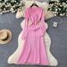 Elegant Waist-Cinching Knit Dress With Metal Buckle Detail, Long Sleeve Bodycon Dress With Lace Trim, Flattering Figure-Hugging Design For Women_ecoleips.com