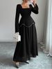 Elegant Long Sleeve A-Line Dress – Wrinkle-Free Polyester Evening Gown (S-XL, Black/Burgundy/Navy)_ecoleips.com