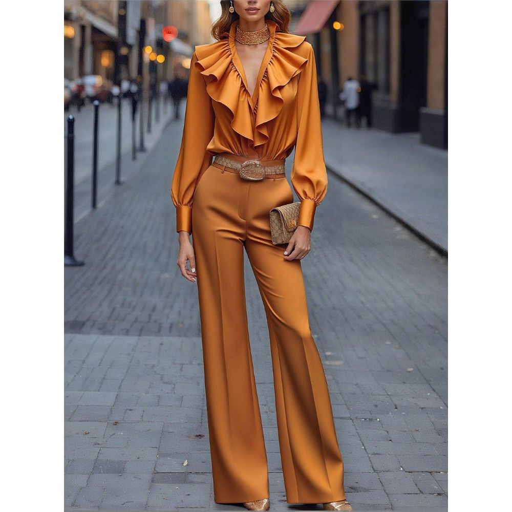 Women's Clothing Elegant Commuter Women's Suit V Neck Long Sleeve Slim Fit Fashion Trouser Set European American Style_ecoleips.com
