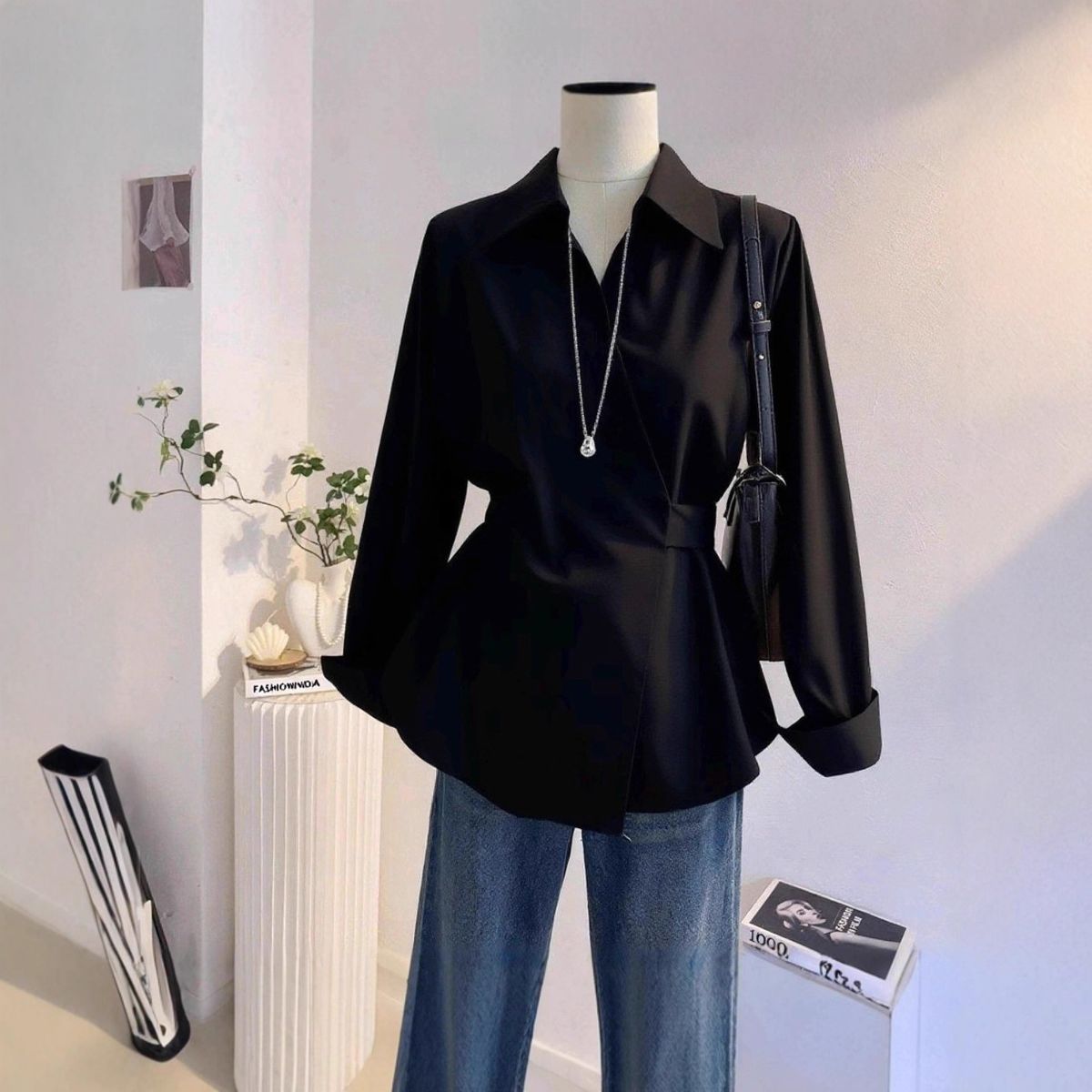 Women's Clothing Women's Style Long Sleeved Shirt Belted Waist Slimming Style Top For Autumn Commuting Stylish Design_ecoleips.com