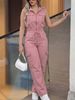 Women's Two Piece Set Elegant Collared Cardigan Top And Loose Straight Leg Trousers Summer Outfit Elastic Waist Short Sleeve_ecoleips.com