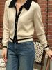 Beige Black Color Block Pit Rib Knit Cardigan, Loose Lightweight Breathable Soft Skin-touch Long Sleeve Polo Collar Knit Jacket_ecoleips.com