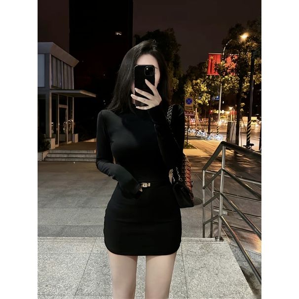 Stylish Half High Collar Slim Fit Dress Women's Long Sleeve Wrap Waist Short Skirt Fashionable Elegant Pure Color Winter Dress_ecoleips.com