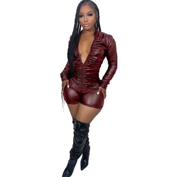 Women's Solid Color Pleated High Elastic Leather Jumpsuit New Arrival_ecoleips.com