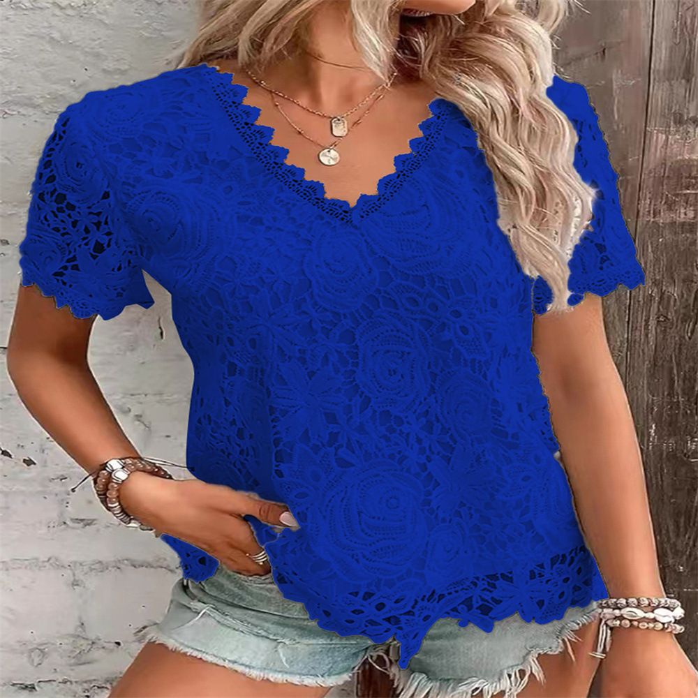 Women's Clothing Short Sleeve T-Shirt Lace Trim Fashion Top American Style New Arrival_ecoleips.com