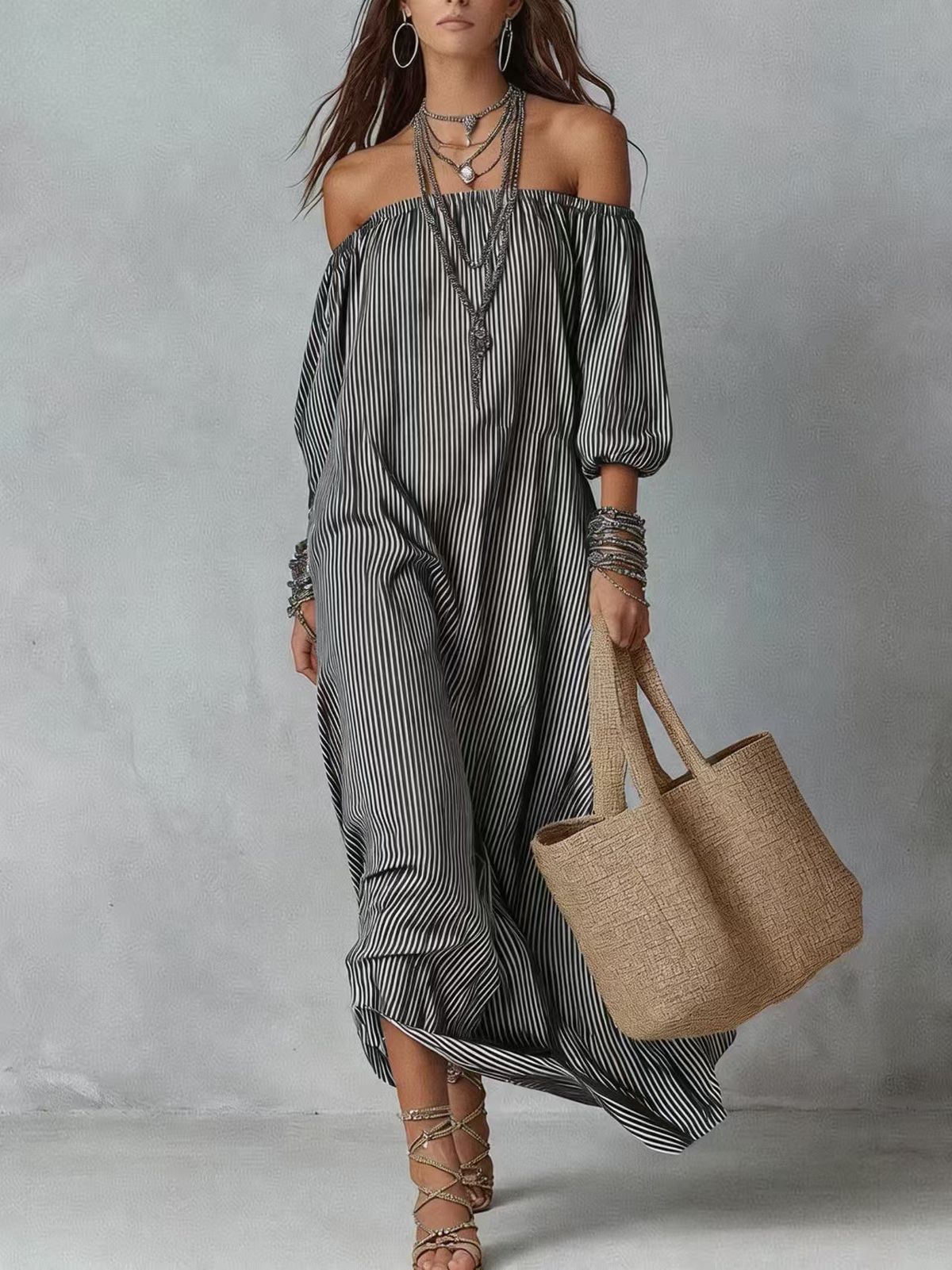 Women's Elegant Striped Off Shoulder Loose Fit Maxi Dress – Casual Resort Summer Gown_ecoleips.com