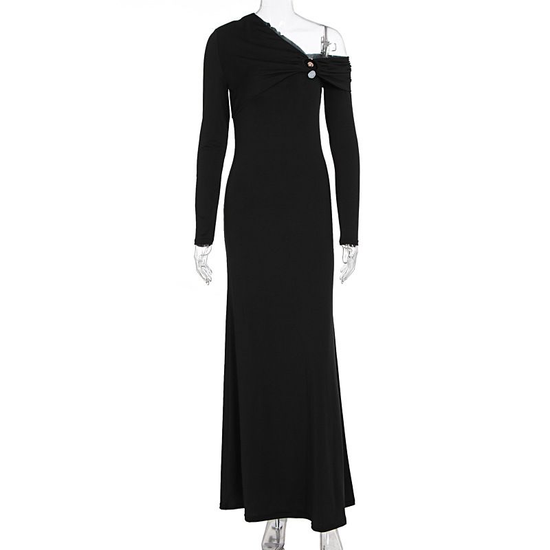 Fashionable Autumn Long Sleeve One Shoulder Slim Fit Temperament Women Long Dress Elegant Casual Party Vacation Clothing_ecoleips.com