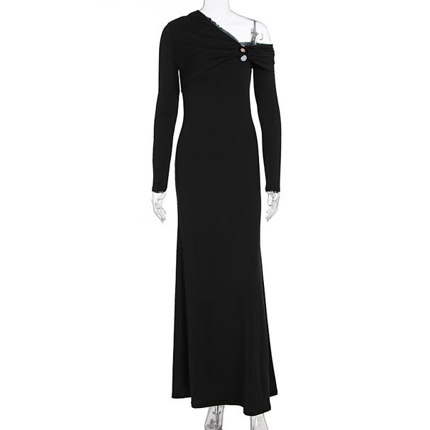 Fashionable Autumn Long Sleeve One Shoulder Slim Fit Temperament Women Long Dress Elegant Casual Party Vacation Clothing_ecoleips.com