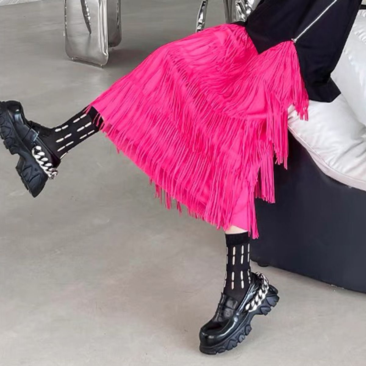 Verve Women's Midi 2025 New Style Solid Color Tassel A-line Classic Mid-length Skirt_ecoleips.com