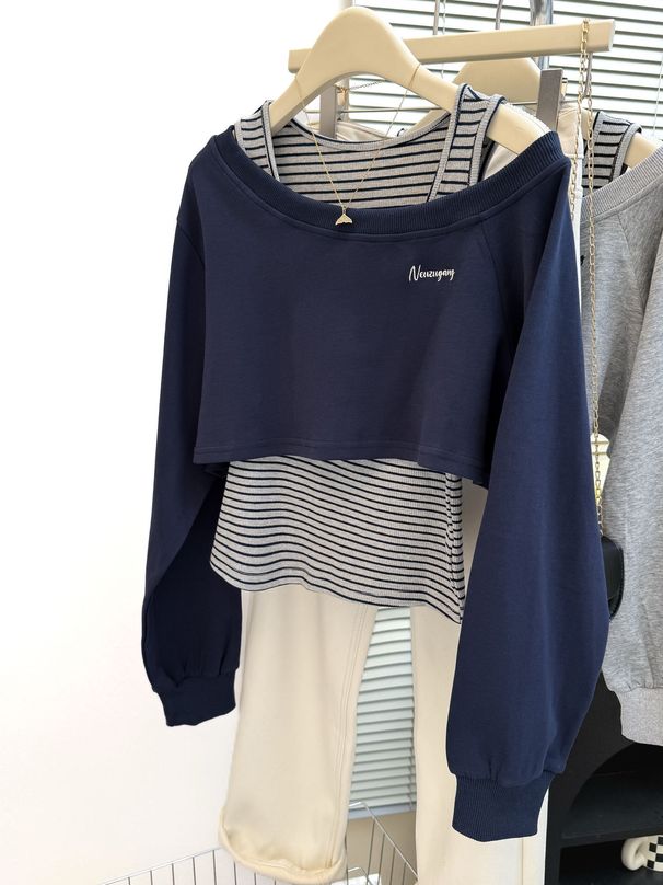 American-style Long-sleeve Off-shoulder Embroidered Striped Sweatshirt For Women, Spring Autumn Korean Version Two-piece_ecoleips.com