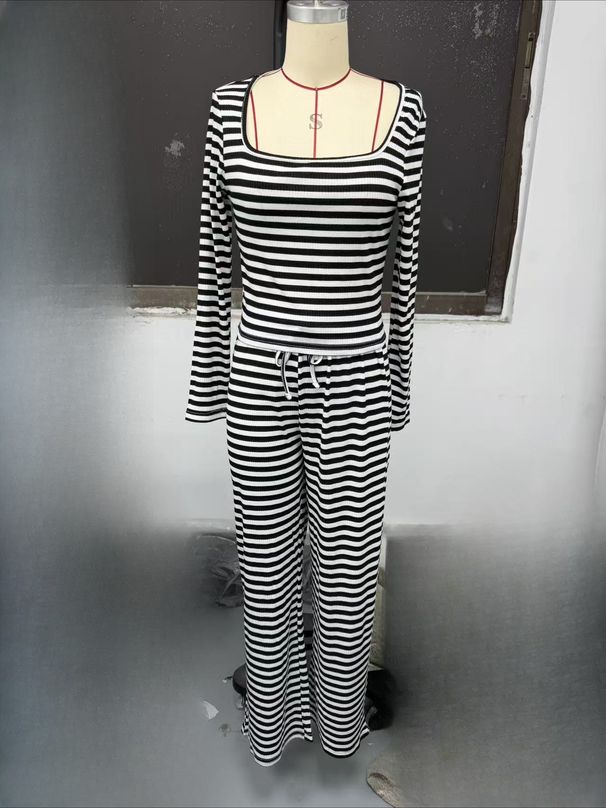 K New Striped High Waist Slimming Wide Leg Pants Set For Women_ecoleips.com