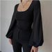 cross-border Women's Light Floral Gray Solid Color Square-neck Lantern Sleeve U-neck Sexy Slim-fit Top_ecoleips.com