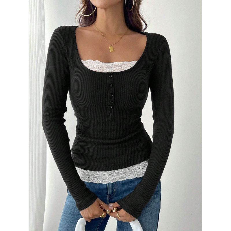 Leather Lace Long-Sleeved Patchwork Women's Slim-Fit T-Shirt Tops Wholesale For Plus-Size Women_ecoleips.com
