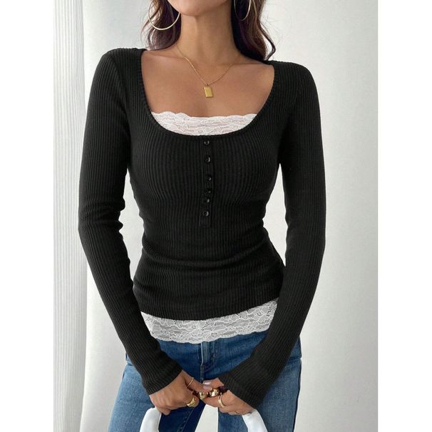 Leather Lace Long-Sleeved Patchwork Women's Slim-Fit T-Shirt Tops Wholesale For Plus-Size Women_ecoleips.com