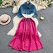 Women's Clothing Fashionable Brand Large Size Color Matching Drawstring Waist Denim Shirt Long Short-sleeved Dress For Women Spring And Summer_ecoleips.com