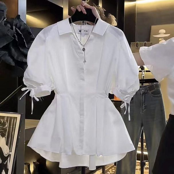 Women's Clothing Bubble Short Sleeved Shirt Temperament Design V Neck Waist Shirt_ecoleips.com