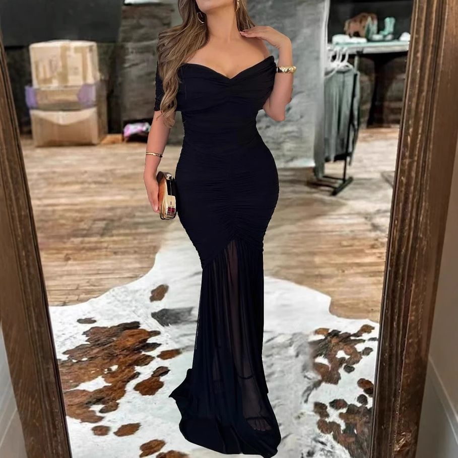 Elegant Off-Shoulder Mesh Panel Bodycon Dress – French-Inspired A-Line Midi (S-XXL, Black, Summer Evening & Streetwear Staple)_ecoleips.com
