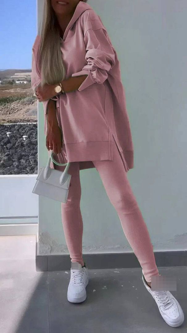 Stylish Women's Split Hem Hoodie & Leggings Set - Breathable Polyester Spandex Blend For Workout & Streetwear (Multiple Colors & Sizes)_ecoleips.com