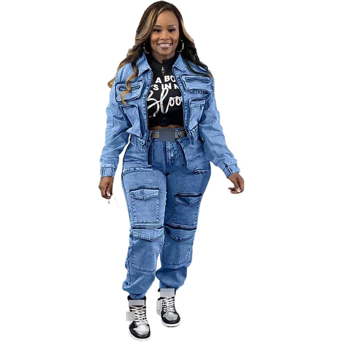 Women's Stretch Denim Two-Piece Set – High-Waisted Utility Pants & Cropped Jacket (Polyester Blend, S-XXL) For Street Style & Office Wear_ecoleips.com