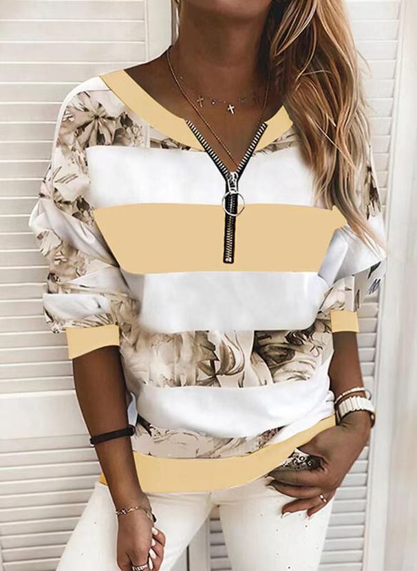 2026 New Eurean And American Women's Clothing Digital Print Zipper V-Neck Loose Casual Sweatshirt Long Sleeve_ecoleips.com
