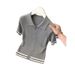 Women's Grey Collared Button Down Knit Top Short Sleeved Fashionable Slimming French Casual New Summer Style_ecoleips.com
