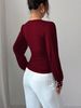 K New V-neck Fashion Handmade Pearl Solid Color Long Sleeved Slim Fit T-shirt For Women_ecoleips.com