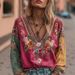 Bohemian Floral Print V-Neck Blouse - Cotton Linen Long Sleeve Tunic Top For Women, Casual Ethnic Embroidered Peasant Shirt_ecoleips.com