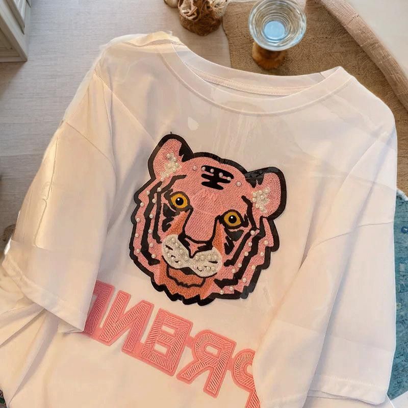 2026 Tiger Head Heavy Embroidery Pure Cotton Short Sleeve T-shirt For Men And Women, Extra Large Size 150kg Loose Fit_ecoleips.com