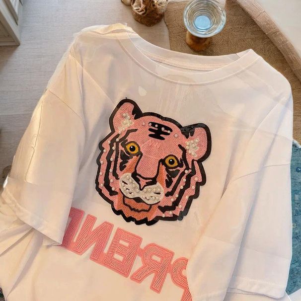 2026 Tiger Head Heavy Embroidery Pure Cotton Short Sleeve T-shirt For Men And Women, Extra Large Size 150kg Loose Fit_ecoleips.com