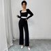 Women's Elegant Long Sleeve Square Neck Jumpsuit Contrast Panel Detail Slim Fit for Spring And Fall_ecoleips.com