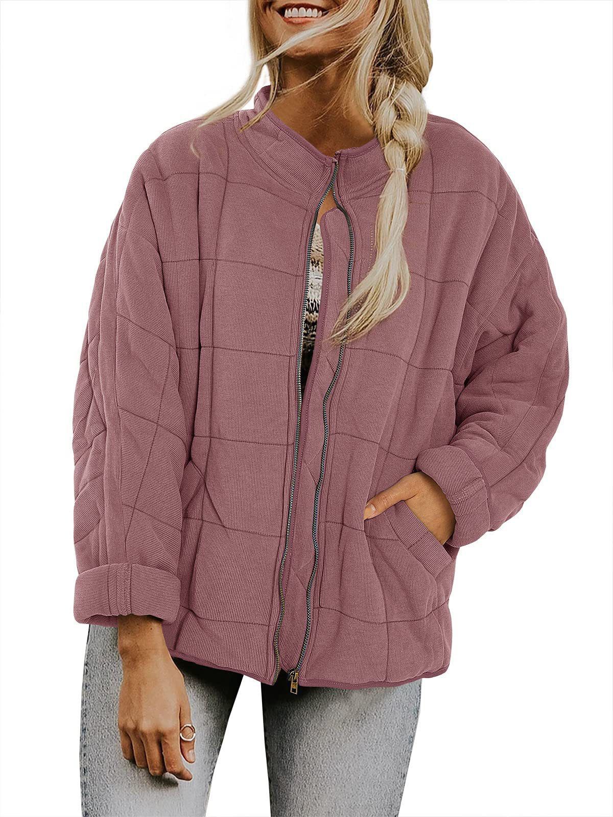 Women's Clothing Casual Stand Collar Long Sleeve Jacket With Pockets, Lightweight Polyester Acrylic Filled Coat, Loose Fit Outerwear For Autumn_ecoleips.com