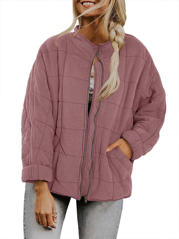 Women's Clothing Casual Stand Collar Long Sleeve Jacket With Pockets, Lightweight Polyester Acrylic Filled Coat, Loose Fit Outerwear For Autumn_ecoleips.com