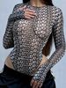 Women's Sexy Slightly Sheer Long Sleeve Bodysuit round Neck Print Mesh Tight Fitting New Style Jumpsuits Rompers_ecoleips.com