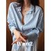 Wuu2 Endless Summer Soft Blue Striped Cotton Linen For Women, Lazy French Casual Loose Vintage Shirt_ecoleips.com