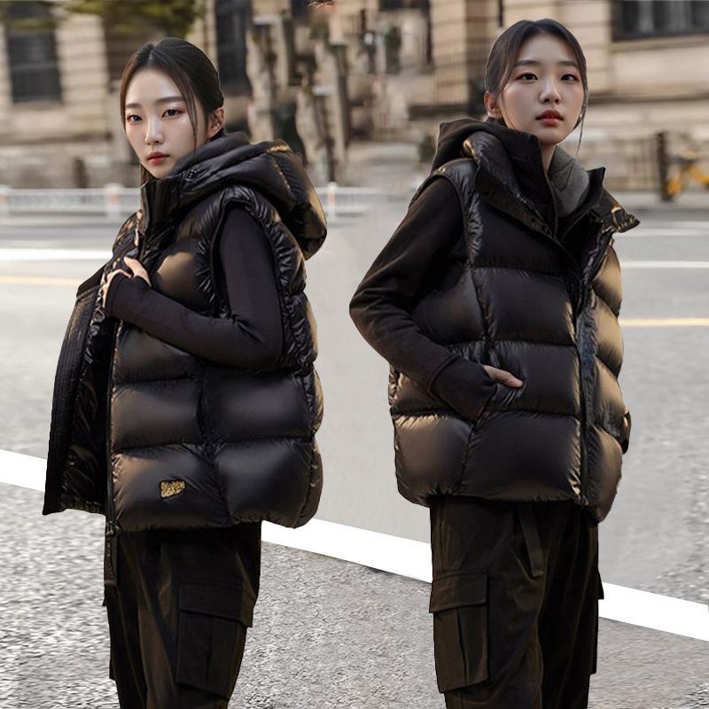 Black Gold Down Vest For Women - Hooded Sleeveless Puffer Jacket With Duck Feather Filling, Warm Winter Layering Piece For Casual & Office Wear_ecoleips.com