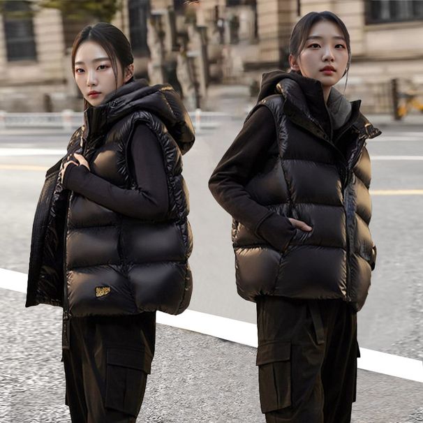 Black Gold Down Vest For Women - Hooded Sleeveless Puffer Jacket With Duck Feather Filling, Warm Winter Layering Piece For Casual & Office Wear_ecoleips.com
