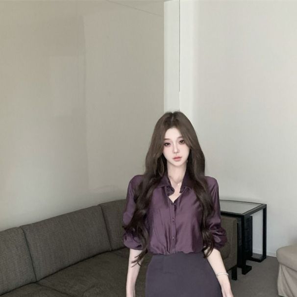 Purely Desirable Style Women's Outfit: Elegant Purple Polo Collar Long-sleeve Sun Protection Shirt And Waist-cinching_ecoleips.com