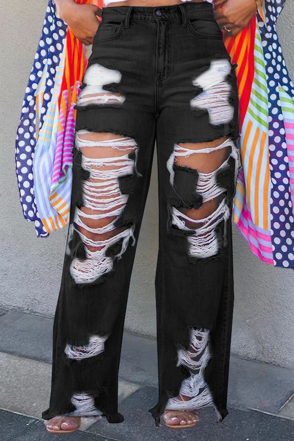 Trendy Distressed Ripped Jeans For Women - High Waist Straight Leg Denim Pants With Floral Embroidery - Comfortable Stretch Fabric_ecoleips.com