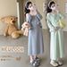 Autumn New Fashion Maternity Dress With Ruffled Hem And Pom-Pom Tie 2-Piece Set_ecoleips.com