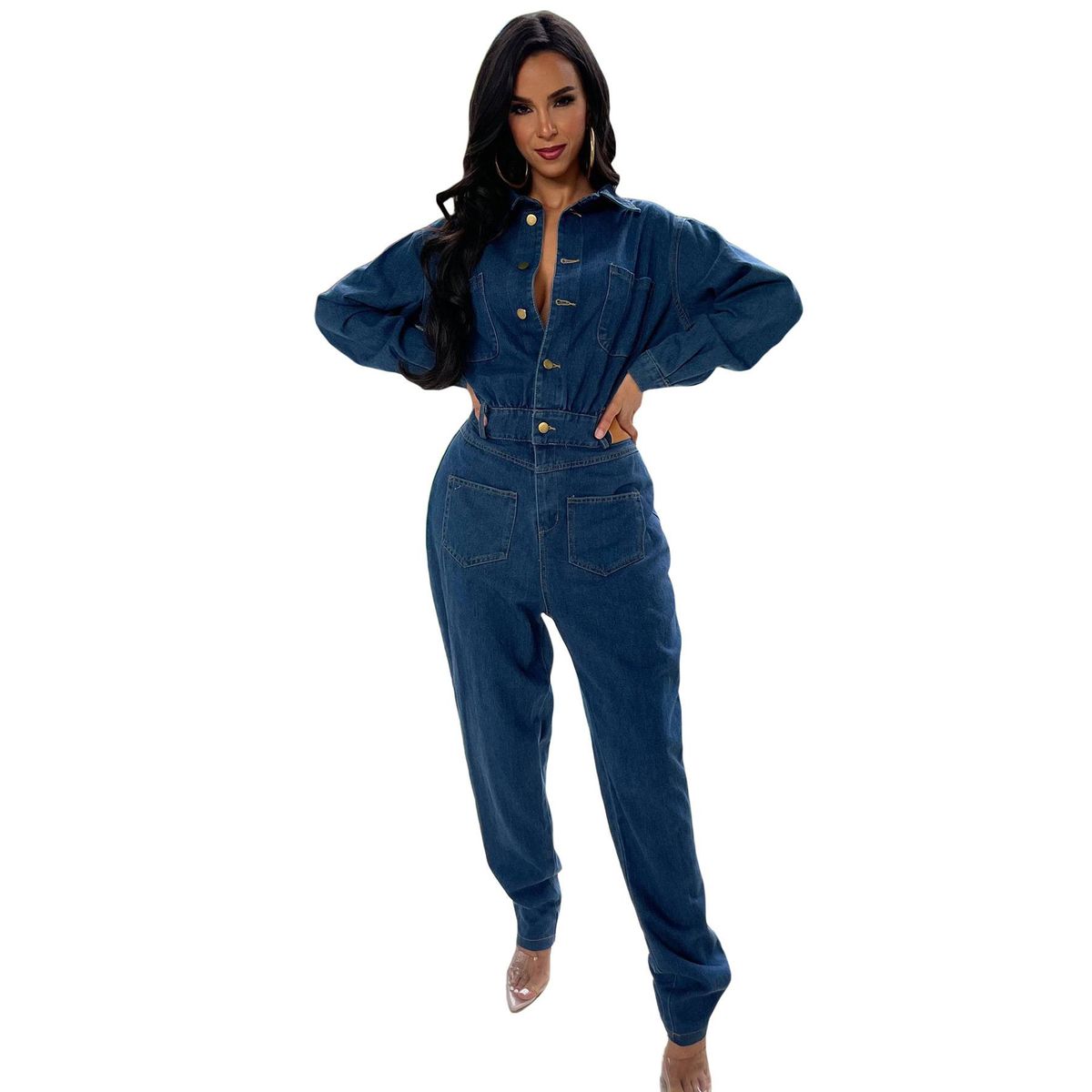 Women's Clothing Slim Fit Elastic Small Foot Washed Denim Jumpsuit_ecoleips.com