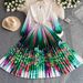 Elegant A-Line Skirt Dress For Women With Pearl Button Round Neck Waist Cinching Gradient Print Pleated Detail Casual Spring/Autumn Wear_ecoleips.com