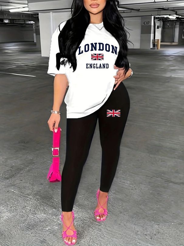 Women's Casual Fashion LONDON Pattern Printed Loose T-shirt+cropped Pants Two-piece Home Sportswear Daily Wear-194_ecoleips.com