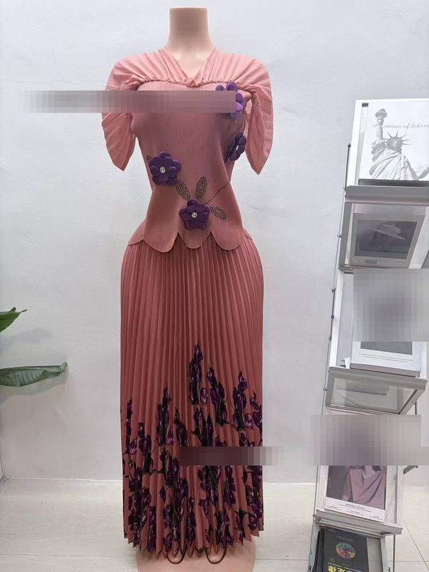 Women's Clothing Pleated Two Piece Set Winter Floral Print Batwing Sleeves Long Skirt Cinching Design Top Bottom Matching Outfit_ecoleips.com