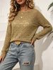 Women Lightweight Breathable Hollow Leaf Knit Sweater Boat Neck Oversized Loose Long Sleeve Sheer Knit Blouse_ecoleips.com