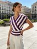 Loose V Neck Knit Tee, Skin-friendly Stripe Short Sleeve_ecoleips.com