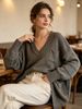 Sage Green V Neck Pit Rib Knit Tunic, Oversized Loose Lightweight Breathable Soft Skin-touch Multi-Pocket Long Sweater_ecoleips.com