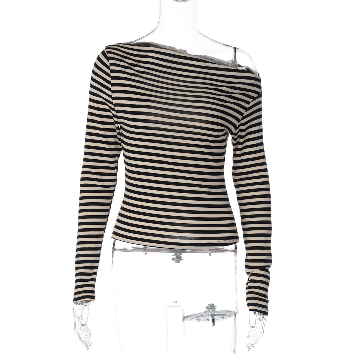 European And American Hot-Selling Color-Block Striped Asymmetrical Neck Long Sleeve T-Shirt For Women 2025 Autumn New_ecoleips.com